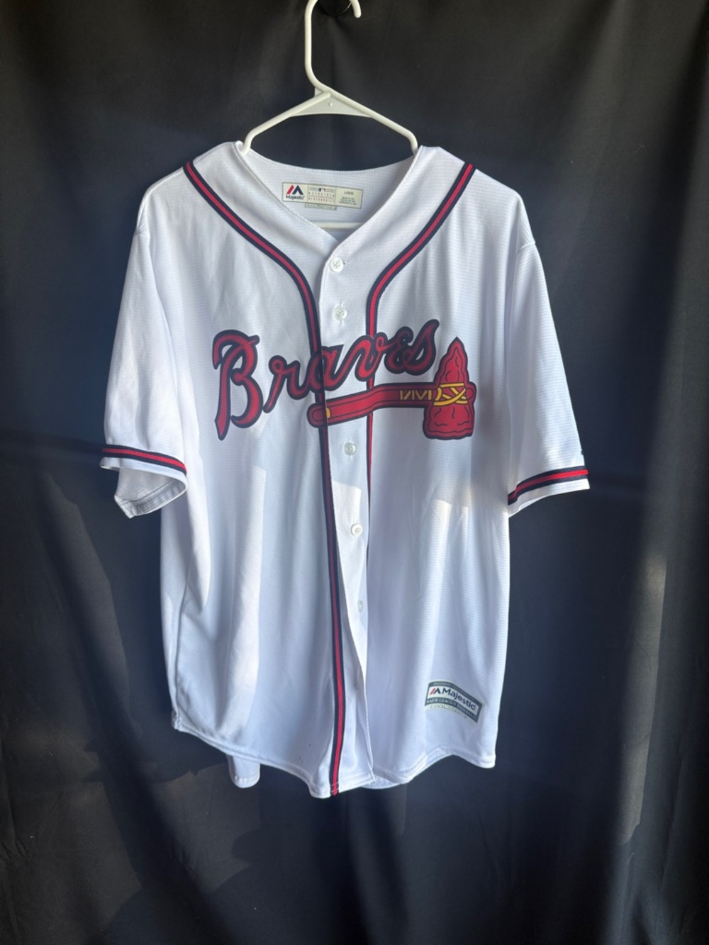 Majestic White Braves Button-Up Baseball Jersey with Red and Navy Trim